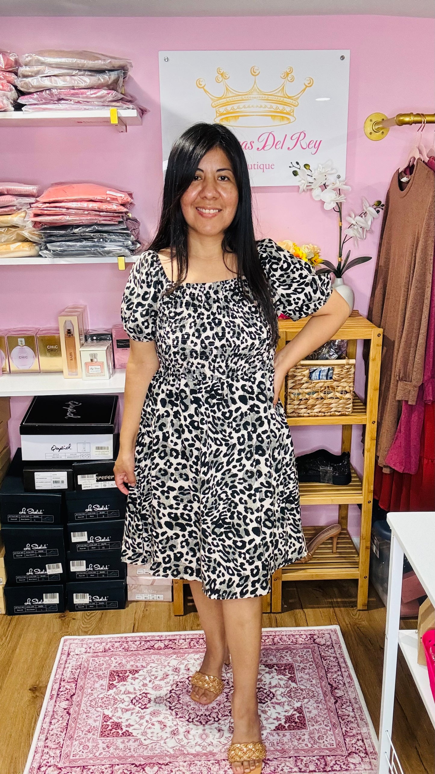 Gray Leopard Print Smocked Dress