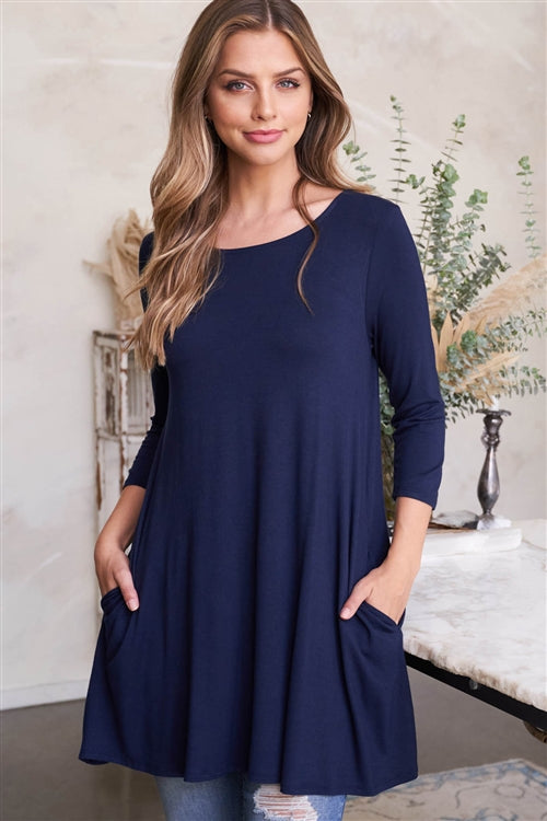 Quarter Sleeve Navy Flowy Top