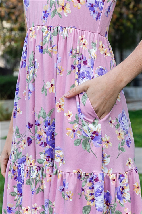Pink Floral Print Knee Lenght Dress