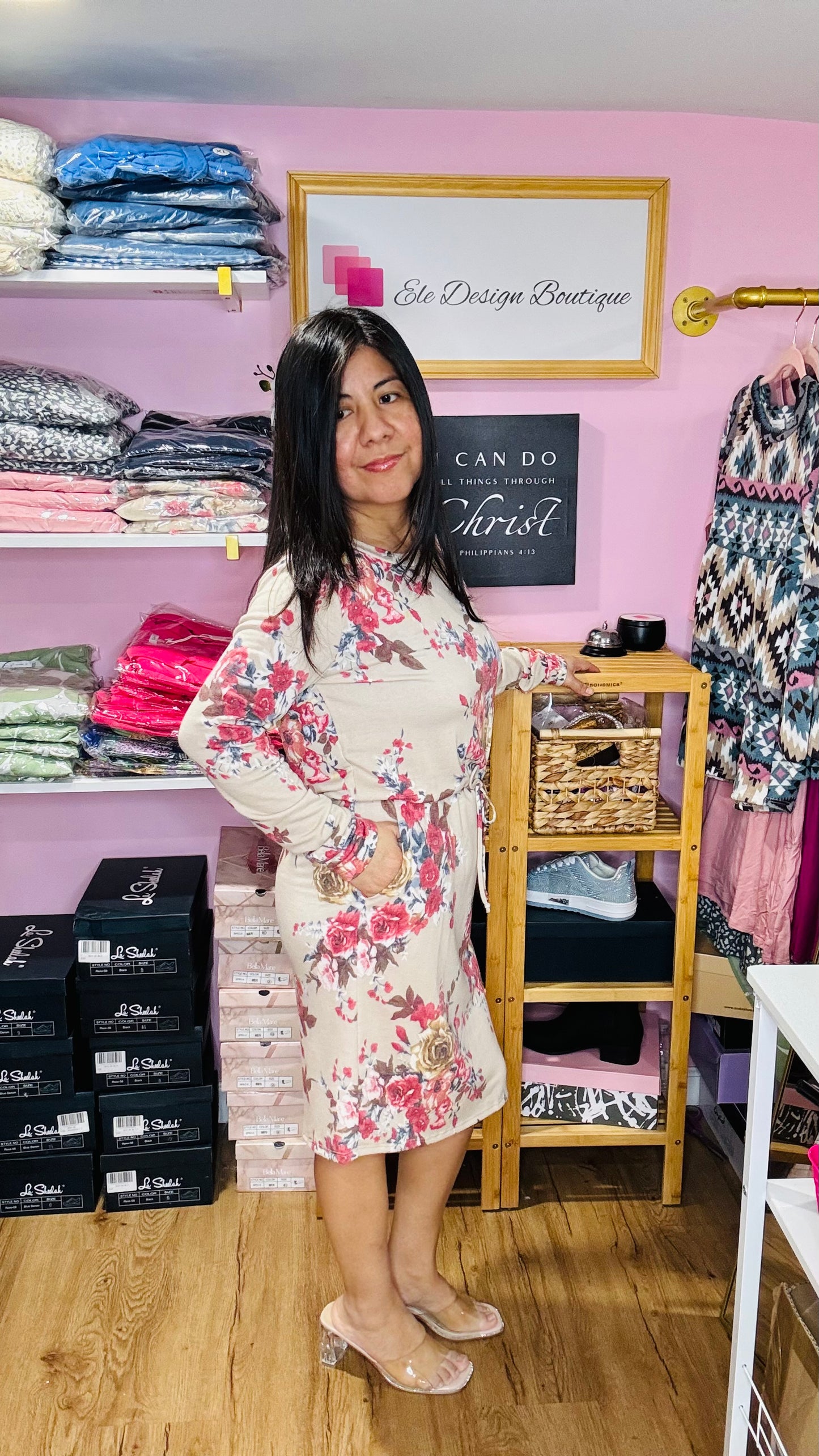 Floral Long Sleeve Elastic Waist Midi Dress