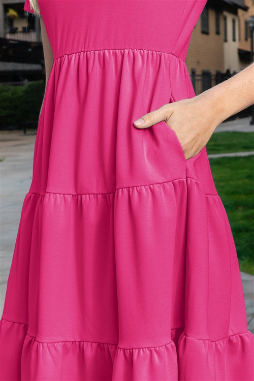 Fuchsia Tiered Short Sleeve Dress