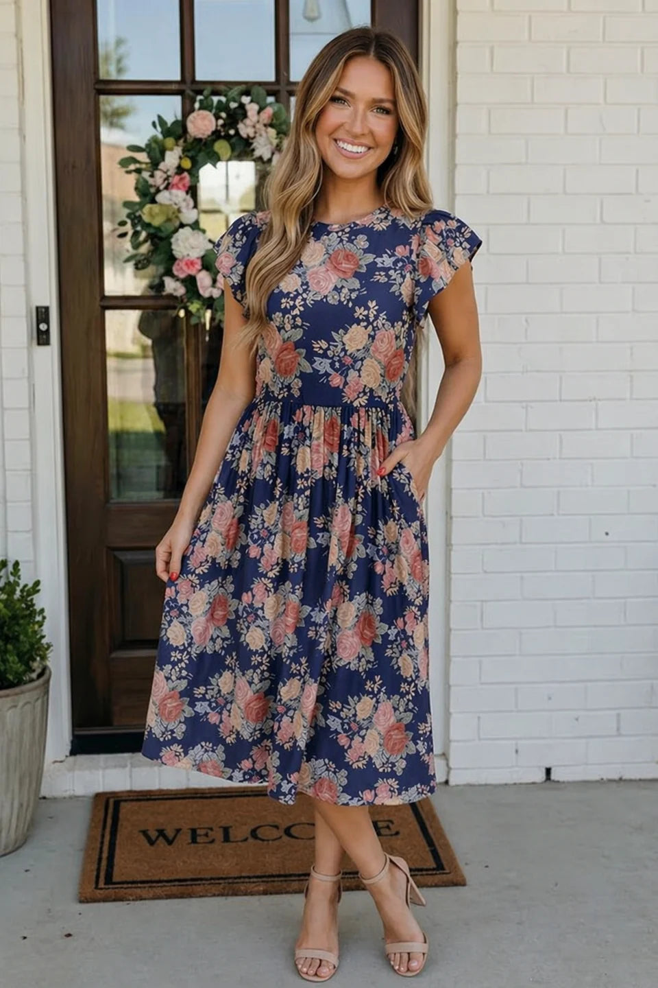 Navy Floral Midi Dress