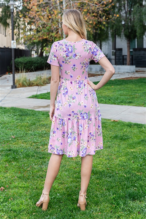 Pink Floral Print Knee Lenght Dress