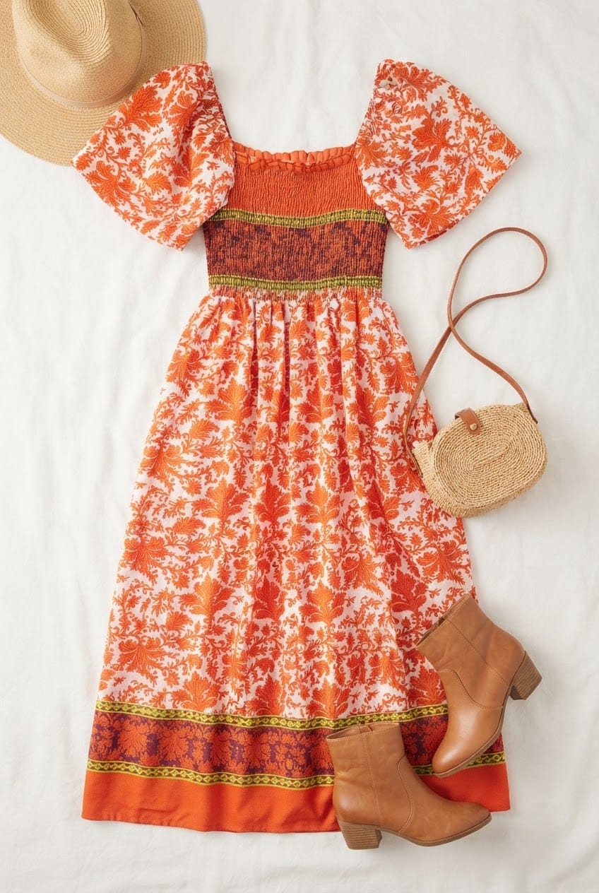 Orange Printed Smocked Midi Dress