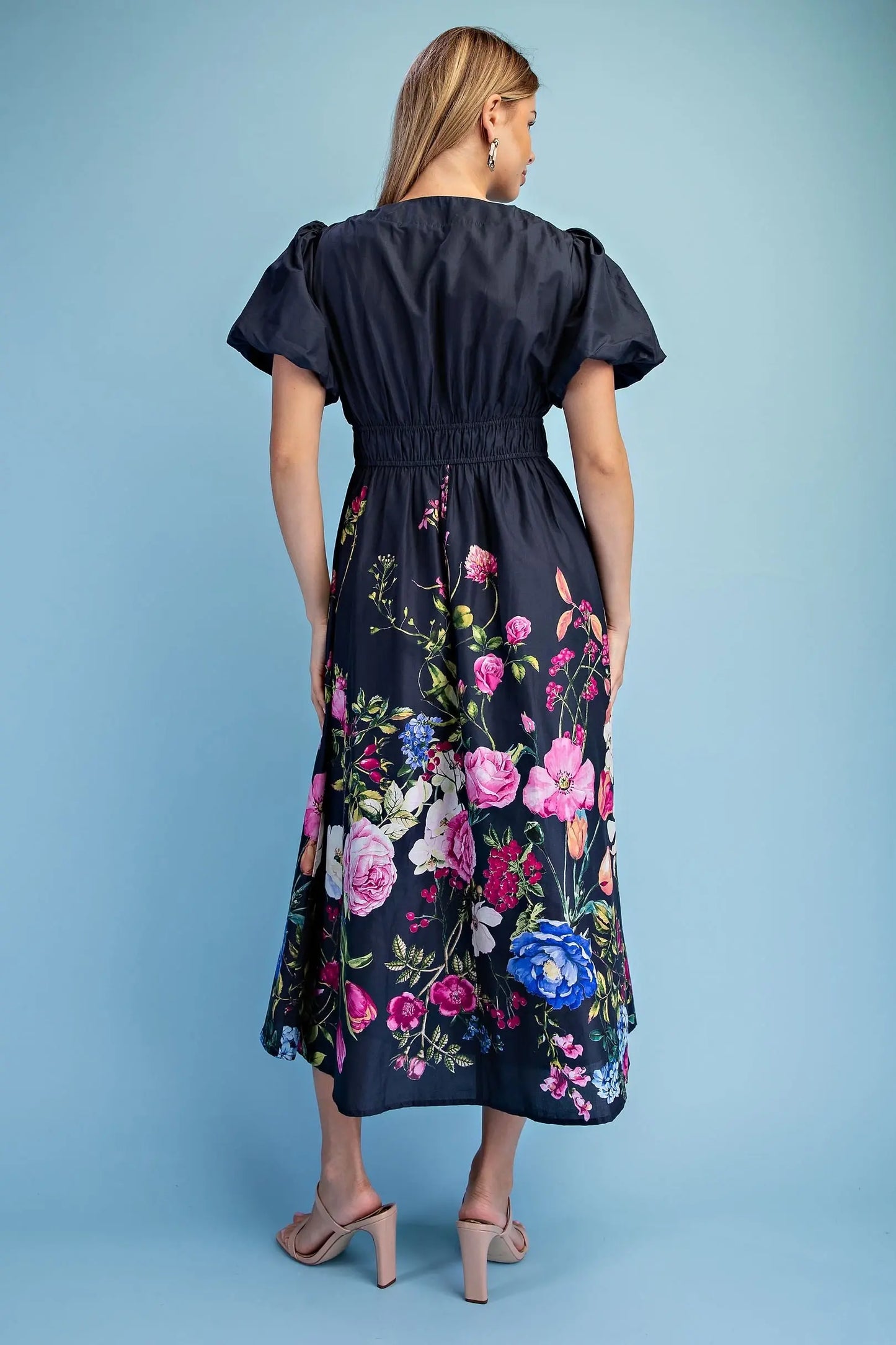 Floral Print Puff Sleeve Midi Dress