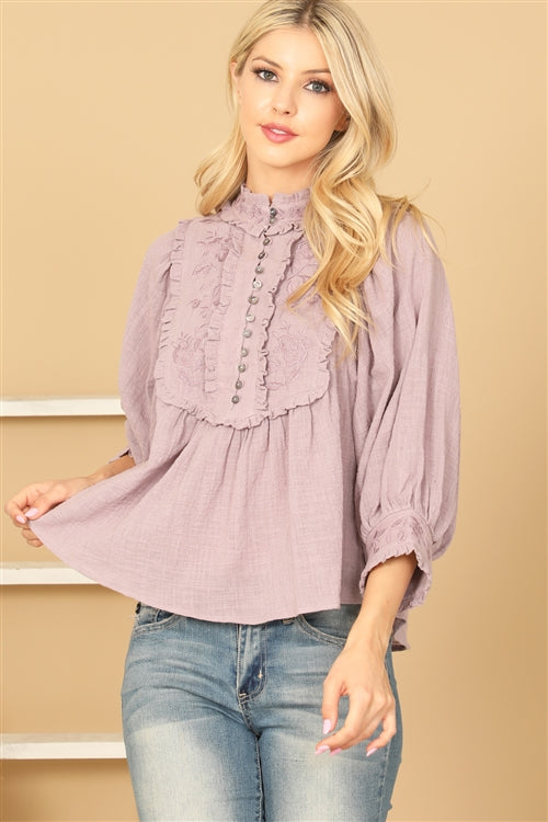 Embroidered 3/4 Sleeve Blouse
