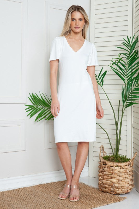 Solid Short Sleeve V Neck Dress
