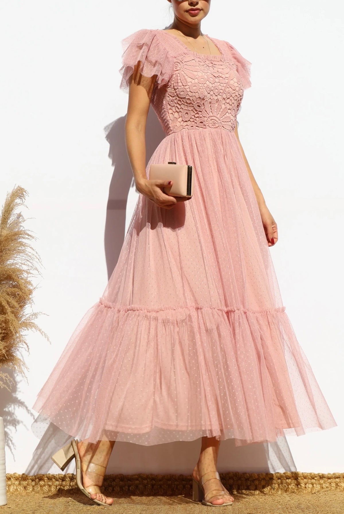 Pink Blush Lace Mesh Midi Dress
