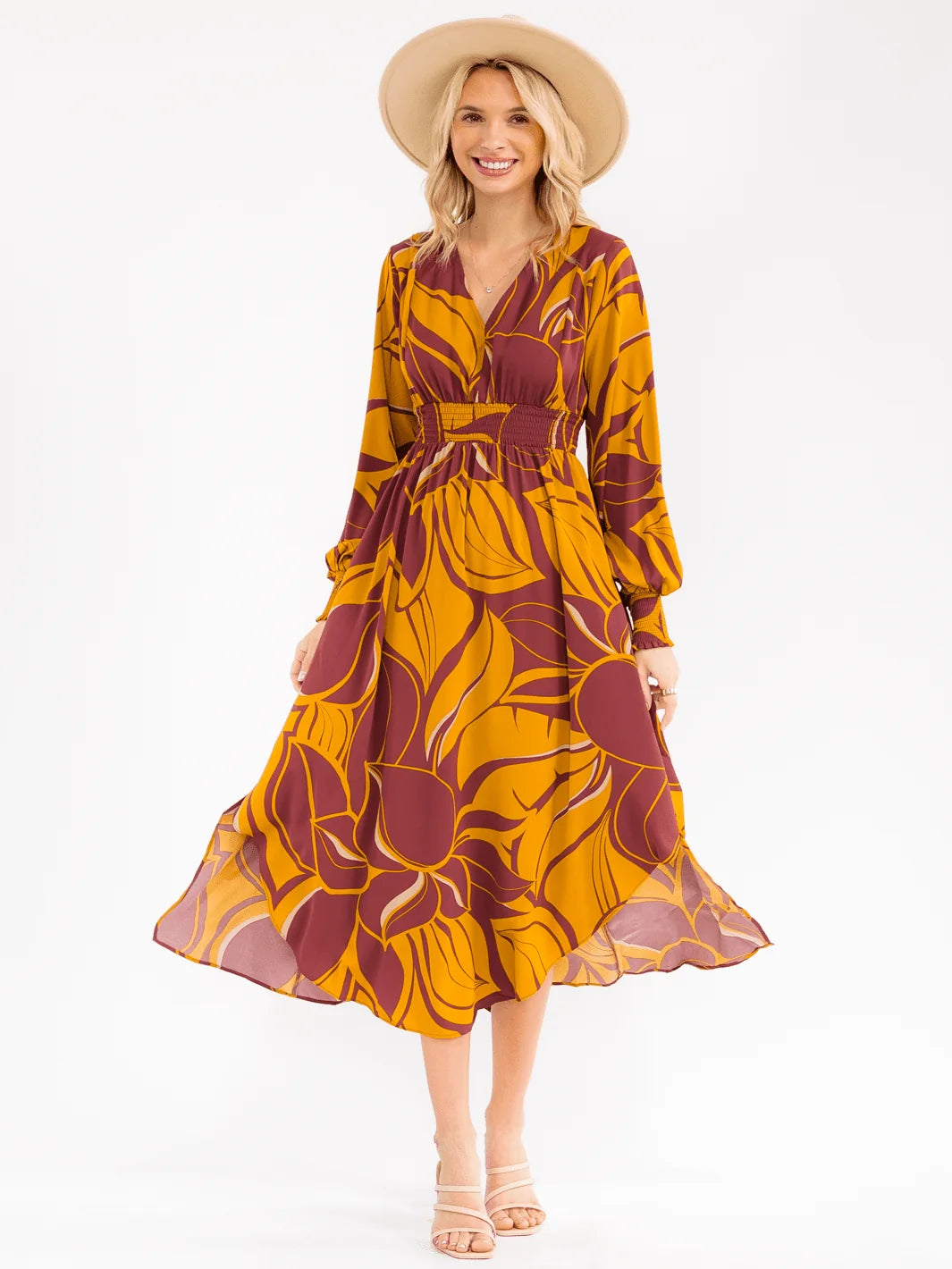 Printed Long Sleeve Midi Dress
