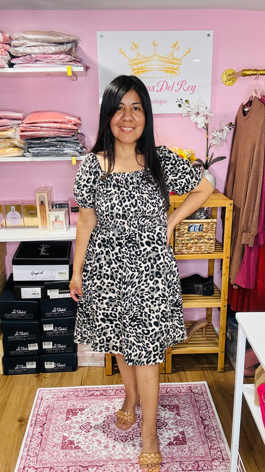 Gray Leopard Print Smocked Dress