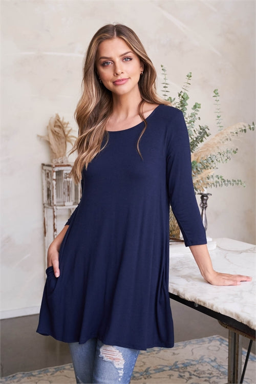 Quarter Sleeve Navy Flowy Top