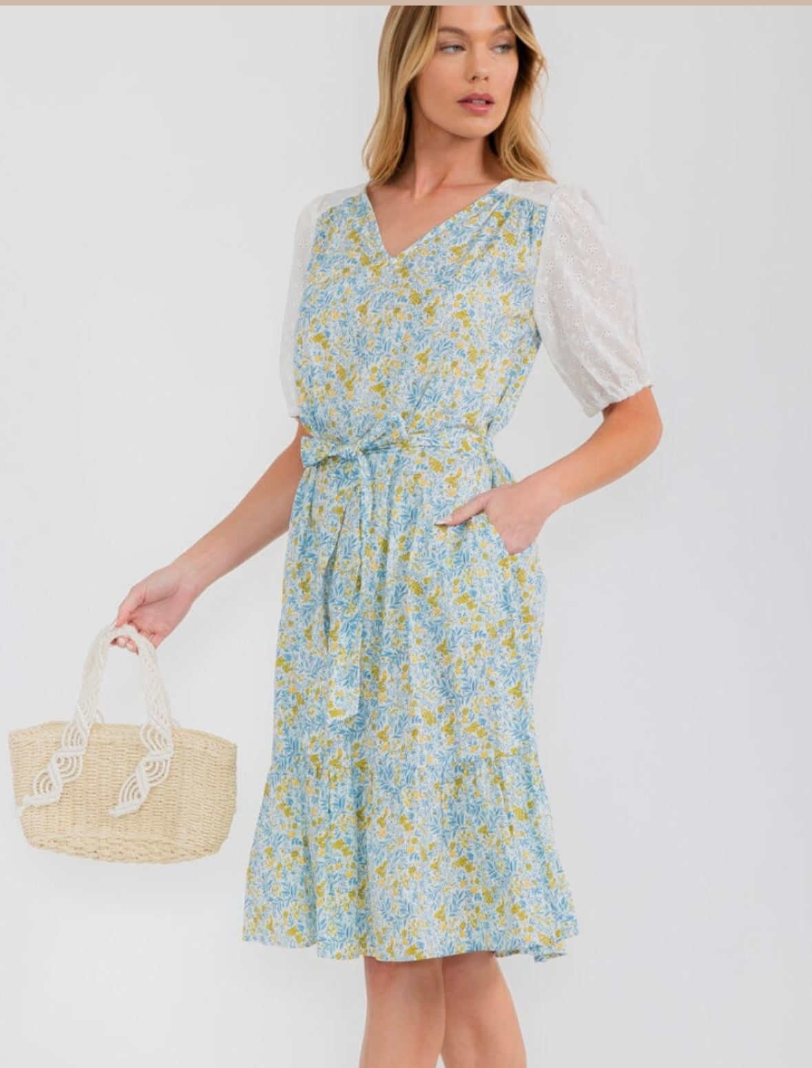 Eyelet Puff Sleeve Floral Midi Dress