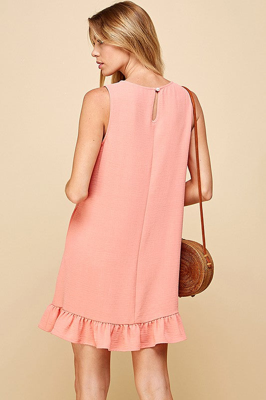 SOLID SLEEVELESS RUFFLED MIDI DRESS WITH BUTTON