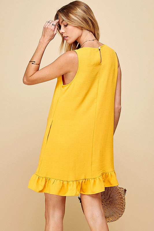 SOLID SLEEVELESS RUFFLED MIDI DRESS WITH BUTTON