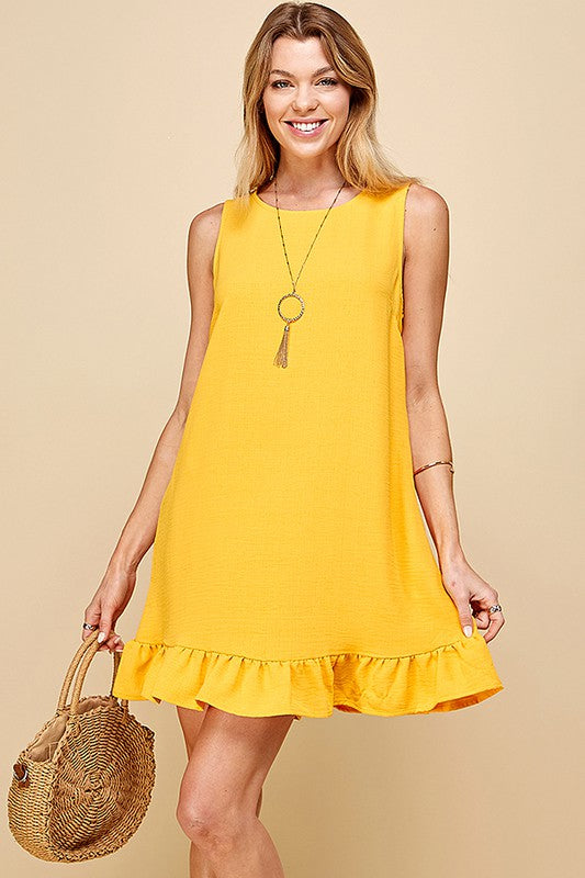 SOLID SLEEVELESS RUFFLED MIDI DRESS WITH BUTTON