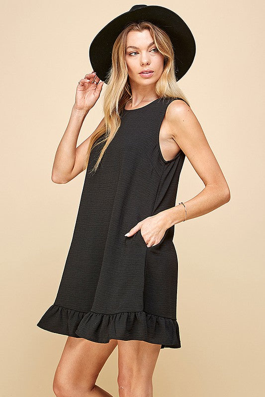 SOLID SLEEVELESS RUFFLED MIDI DRESS WITH BUTTON