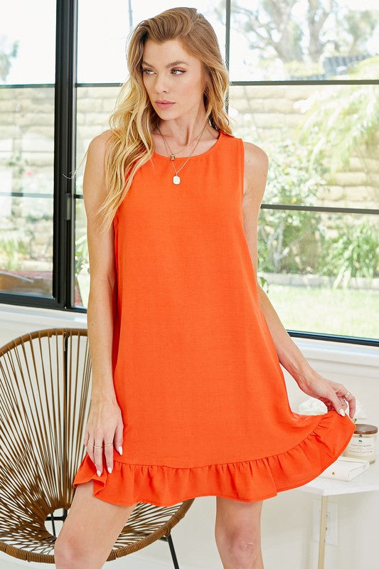 SOLID SLEEVELESS RUFFLED MIDI DRESS WITH BUTTON