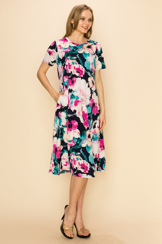 FLORAL SHORT SLEEVE MIDI DRESS WITH POCKETS