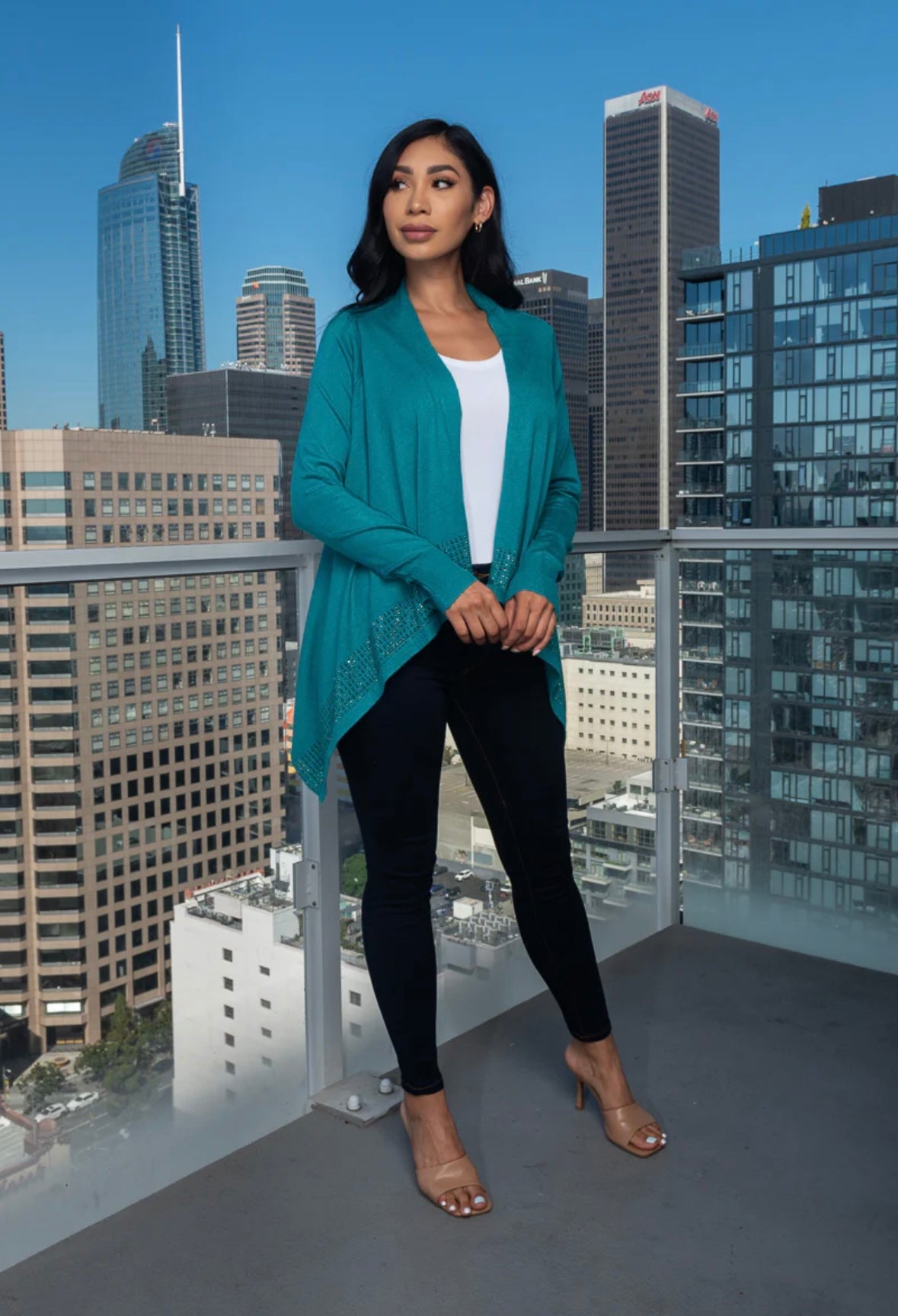 Assymmetrical  Long Sleeve knit cardigan with Rhinestones