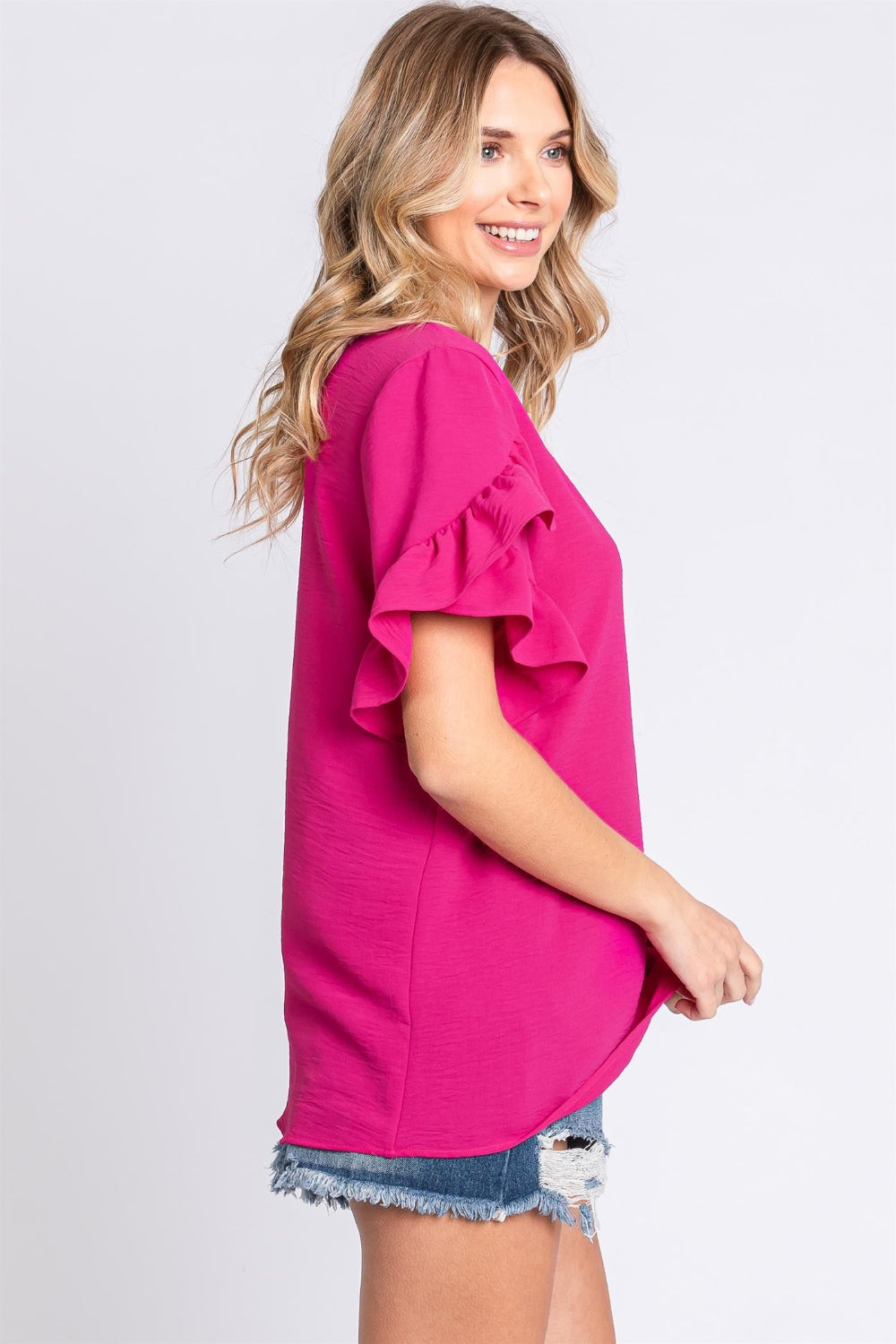 Ruffle Trim Short Sleeve Blouse