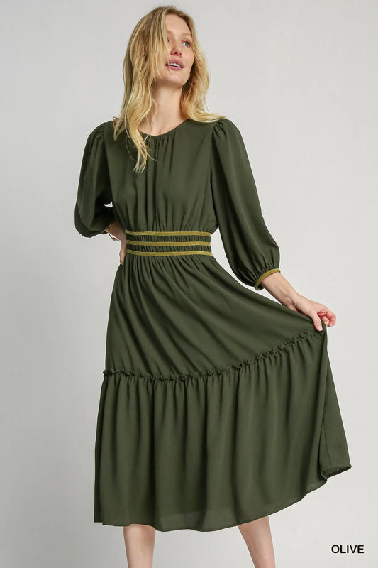 Umgee USA Smocked Waist 3/4 Sleeve Dress