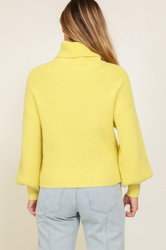 Rib Knitted Turtleneck Sweater with Bishop Sleeve