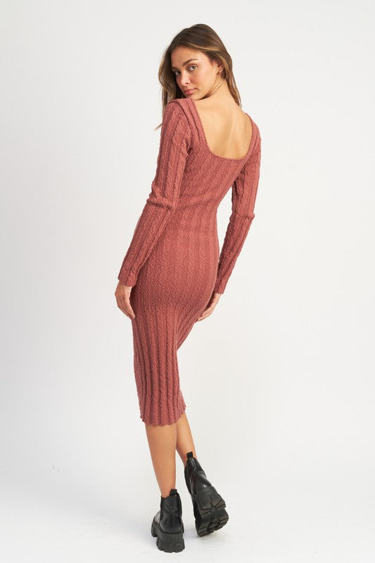 SQUARE NECK RIBBED MIDI DRESS