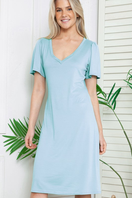 Solid Short Sleeve V Neck Dress