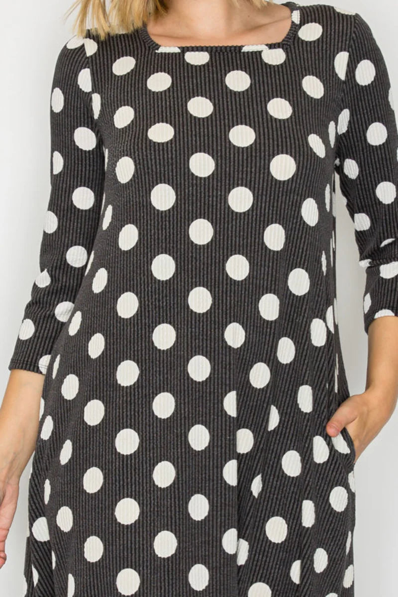 3/4 Sleeve Polka Dot Ribbed Midi Dress