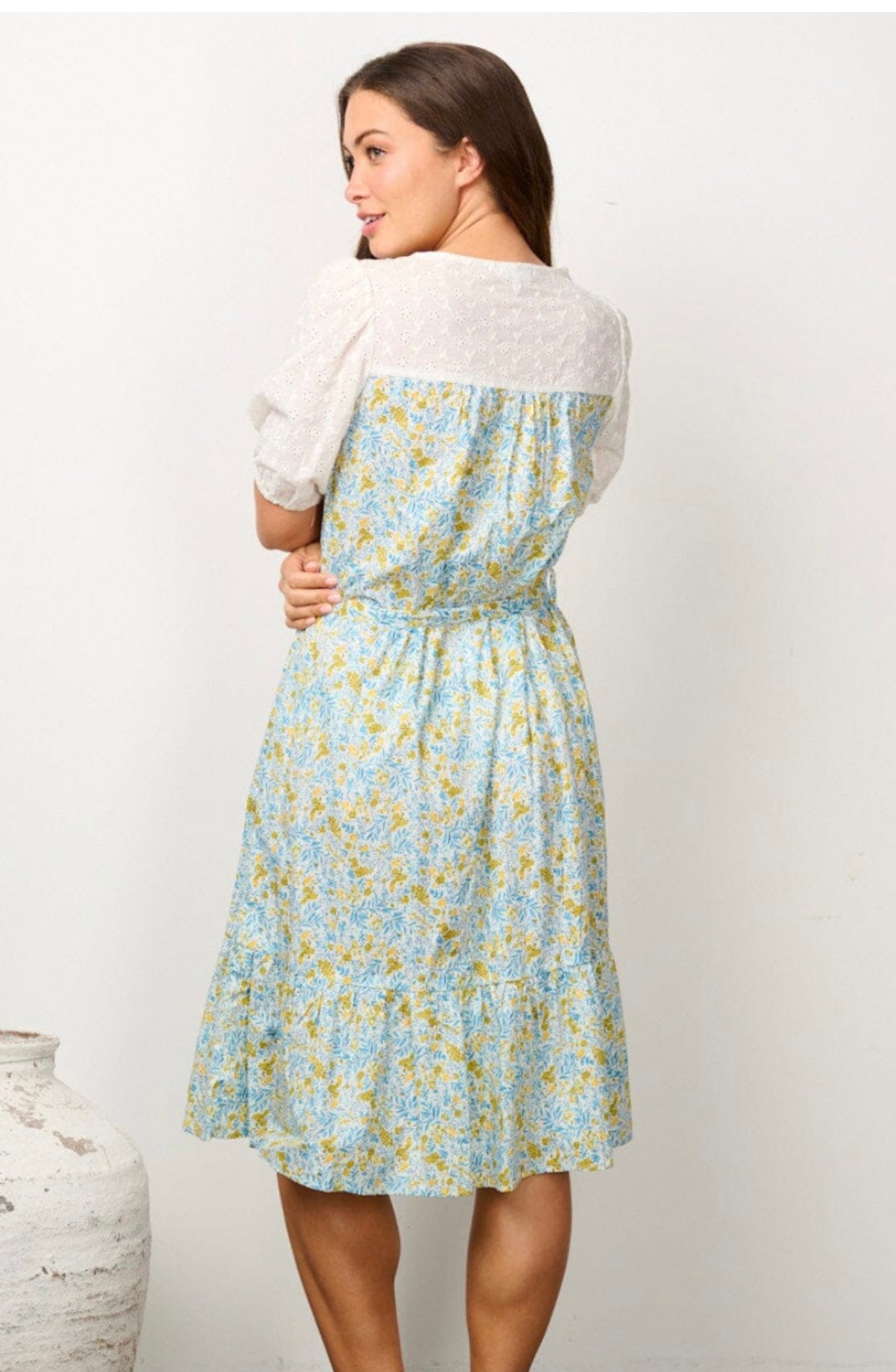 Eyelet Puff Sleeve Floral Midi Dress