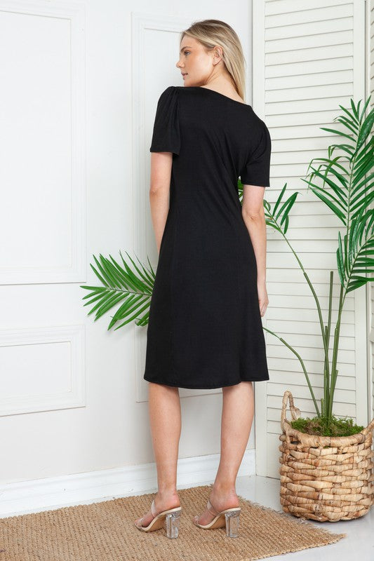 Solid Short Sleeve V Neck Dress