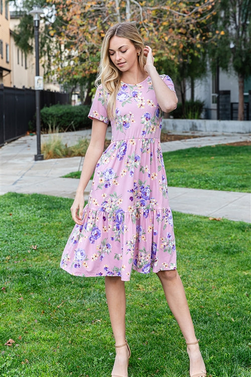 Pink Floral Print Knee Lenght Dress