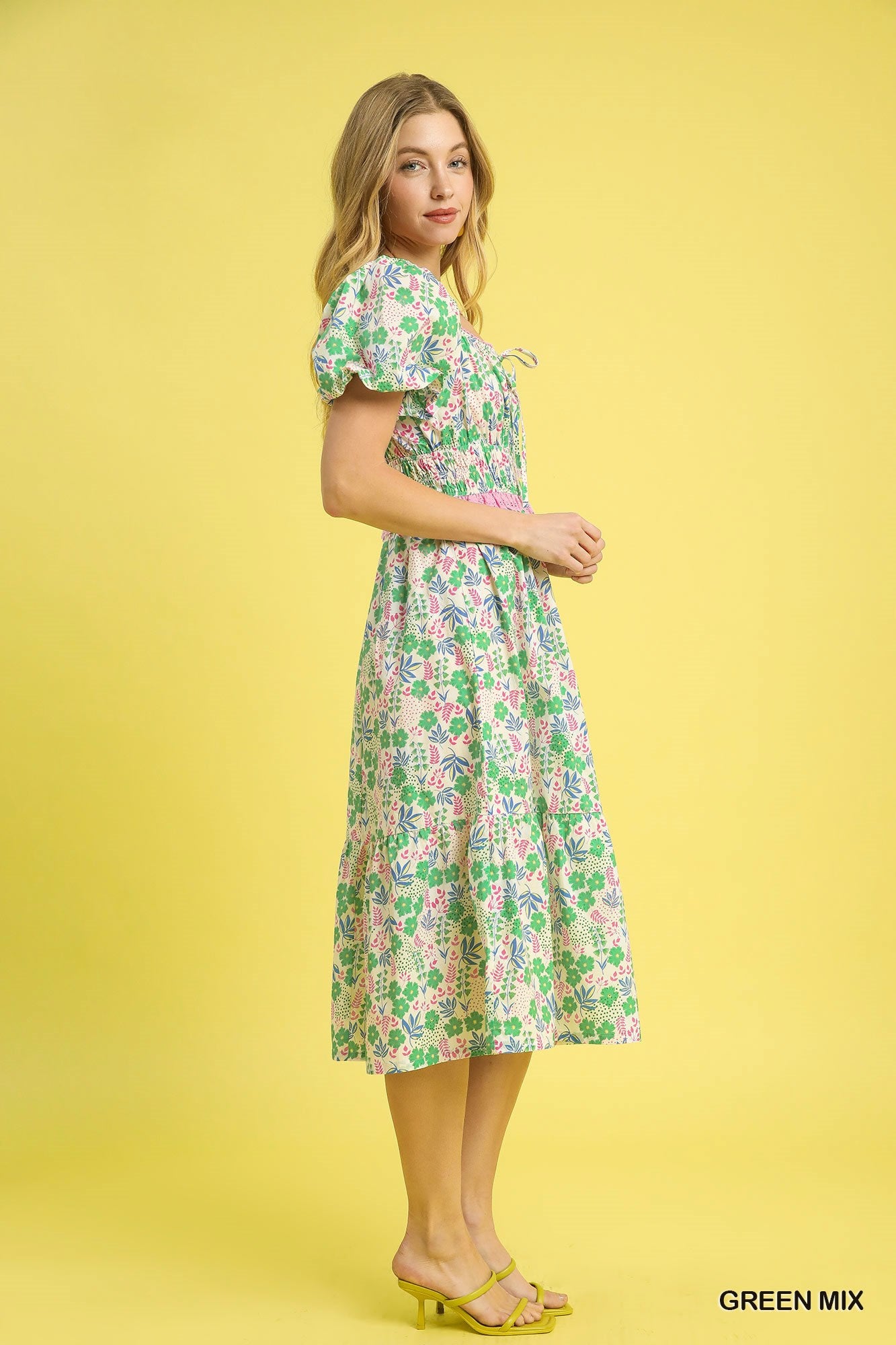 Umgee Puff Sleeve Smocked Waist Midi Dress