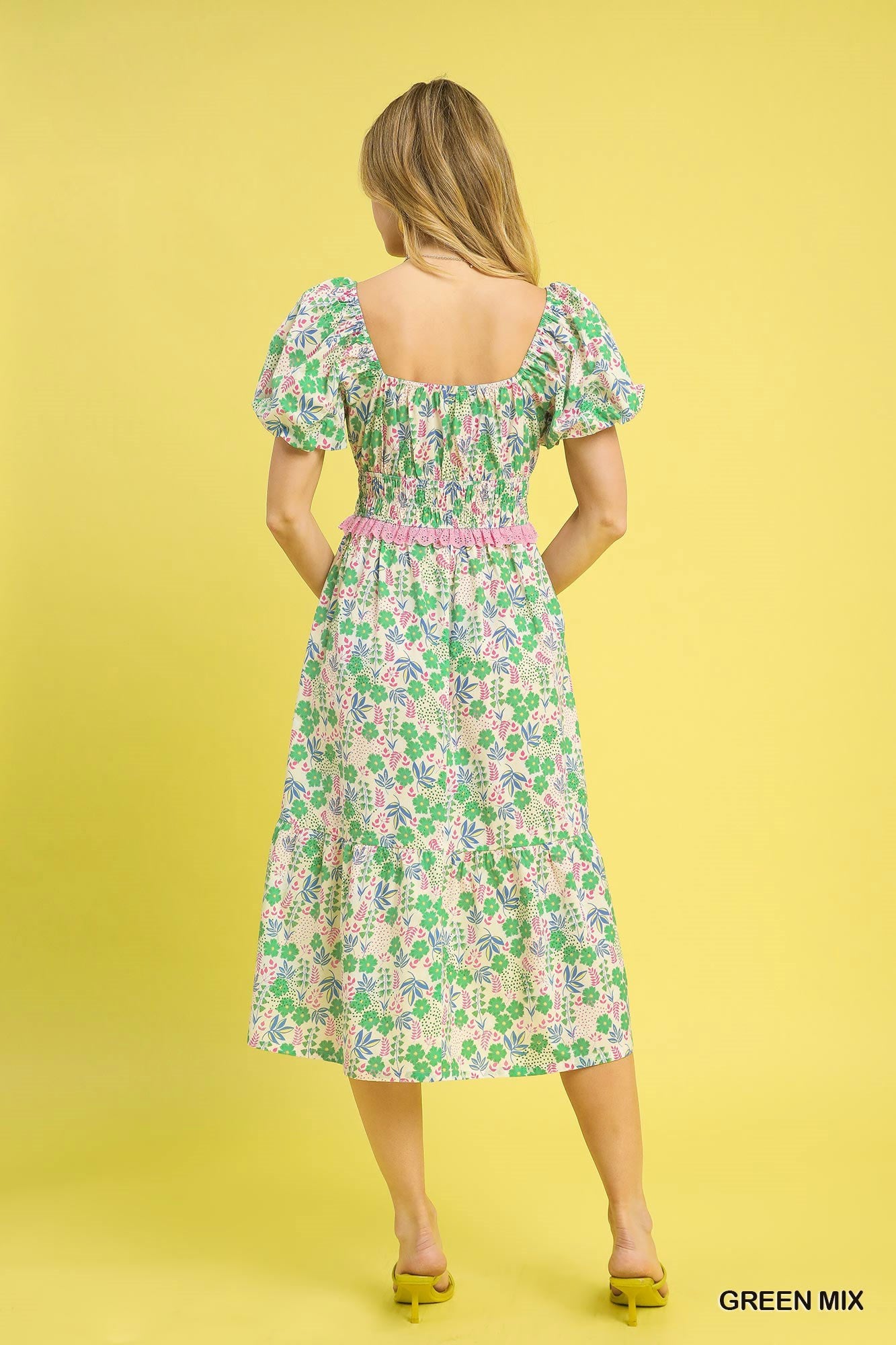 Umgee Puff Sleeve Smocked Waist Midi Dress