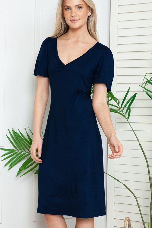 Solid Short Sleeve V Neck Dress