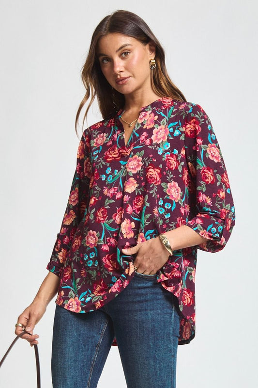Wine Floral 3/4 Sleeve Blouse