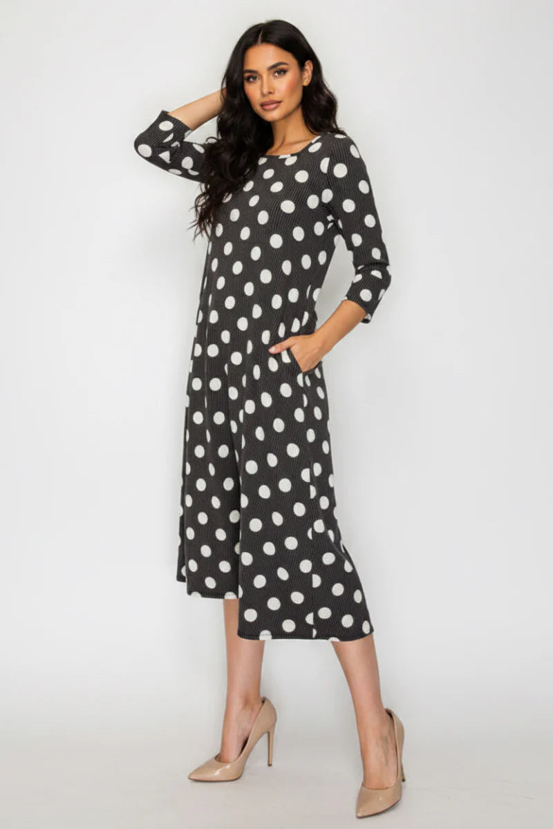 3/4 Sleeve Polka Dot Ribbed Midi Dress