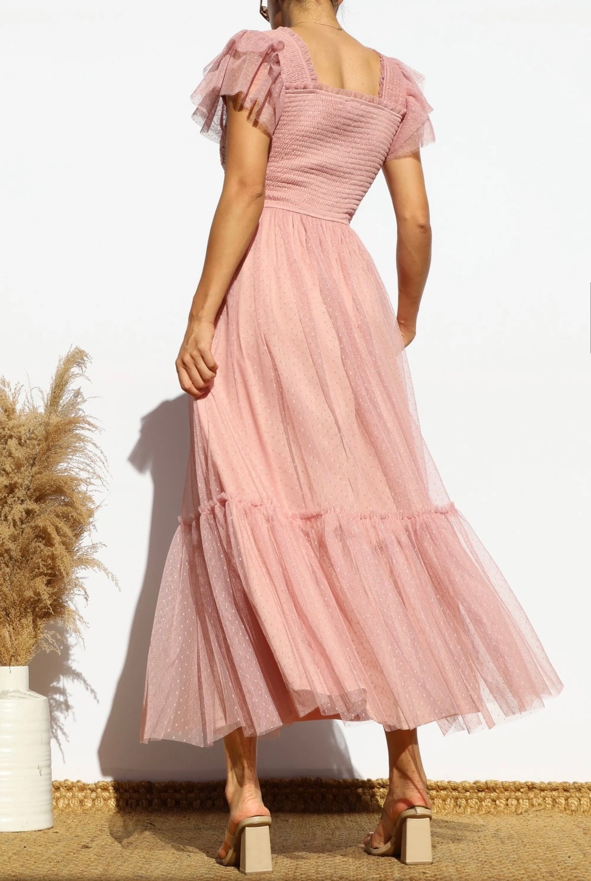 Pink Blush Lace Mesh Midi Dress