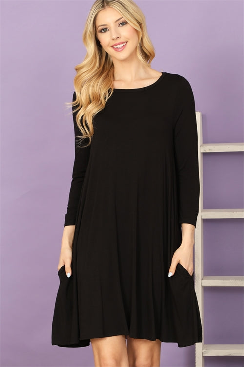 3/4 Sleeve Flowy Black Dress