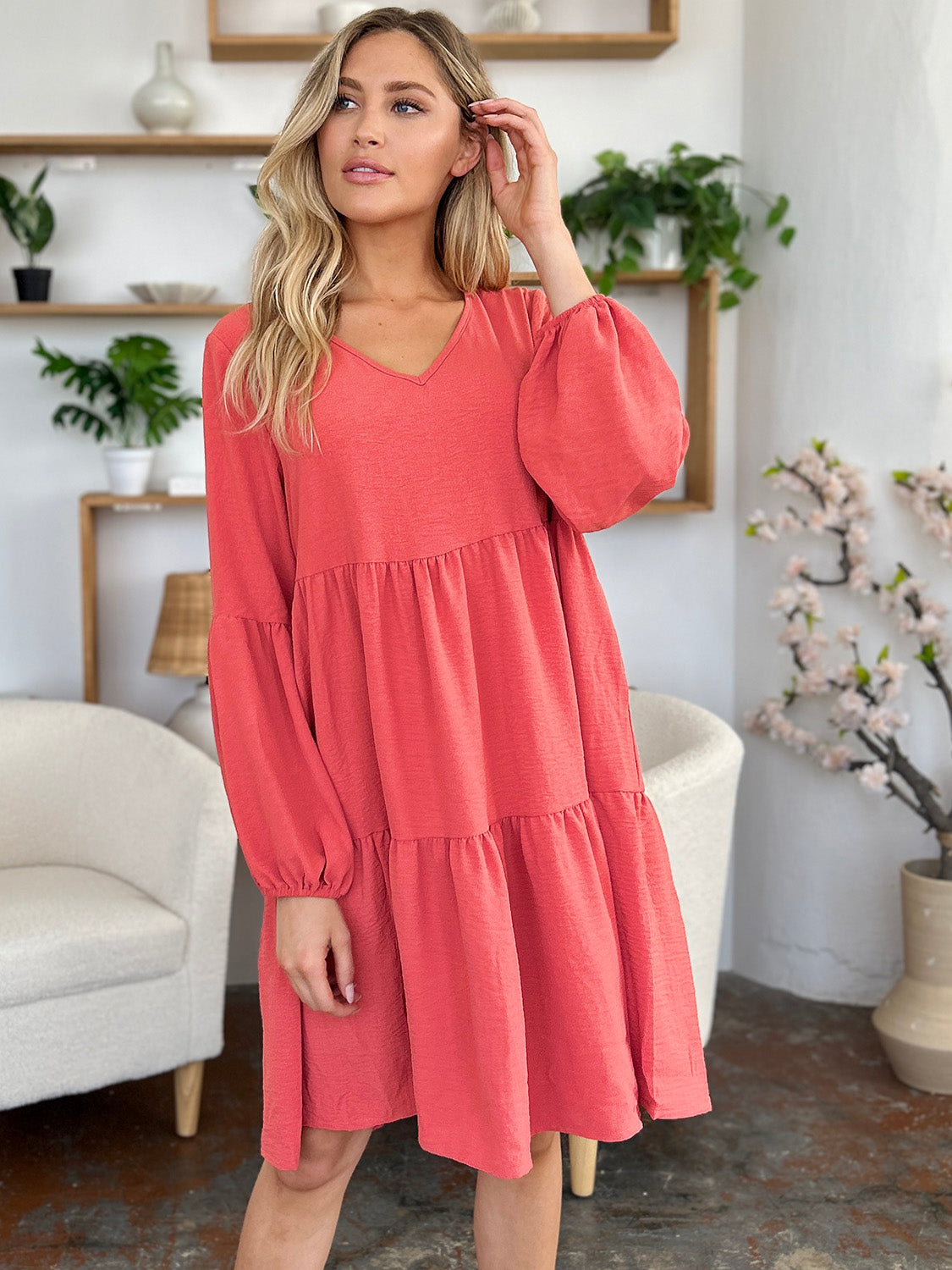 Sally Balloon Sleeve Tiered Dress with Pockets