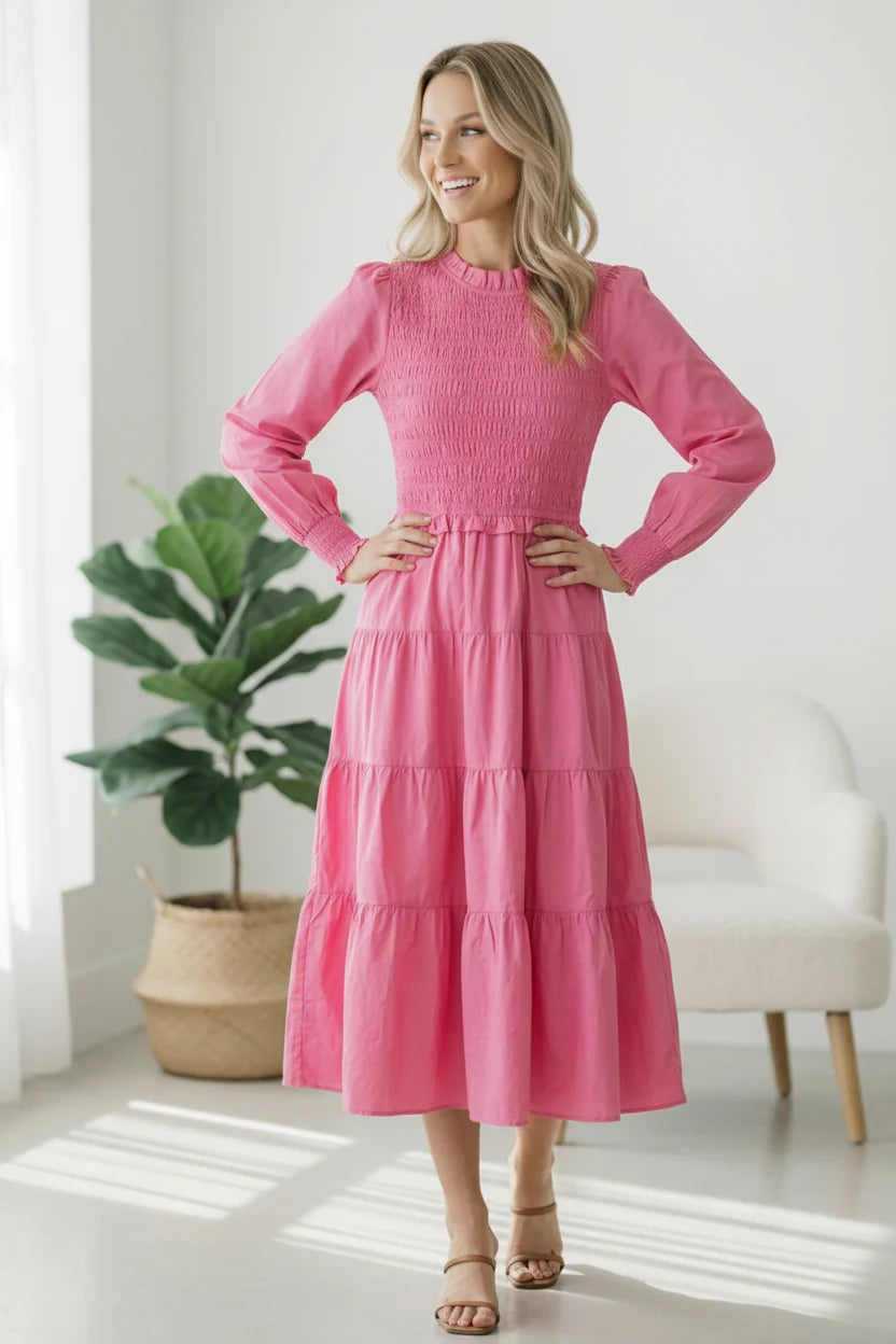Pink Tiered Modest Dress