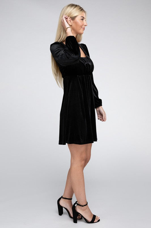 Square Neck High Waist Velvet Dress