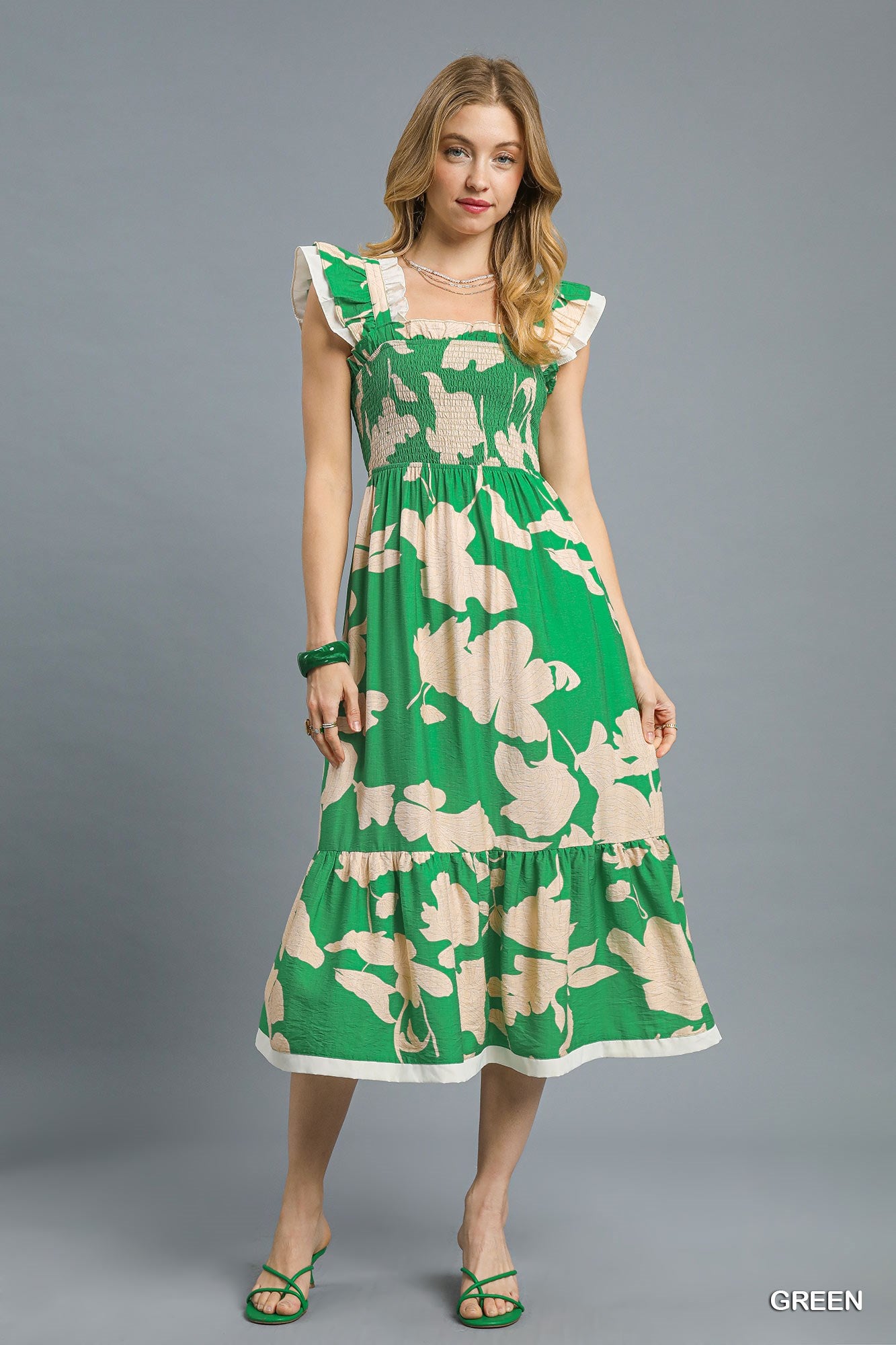 Umgee Ruffle Sleeve Smocked Midi Dress