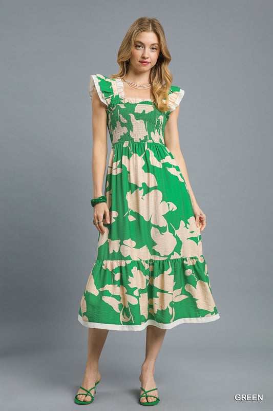 Umgee Ruffle Sleeve Smocked Midi Dress