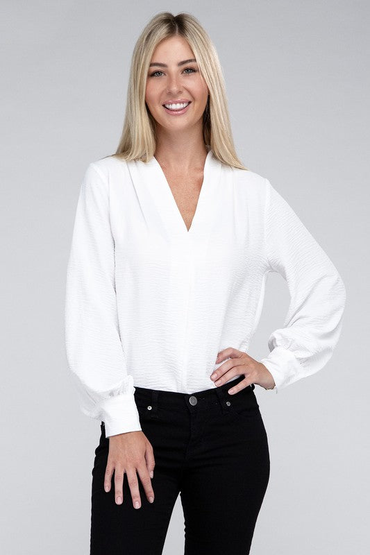 Woven Airflow V-Neck Long Sleeve Top