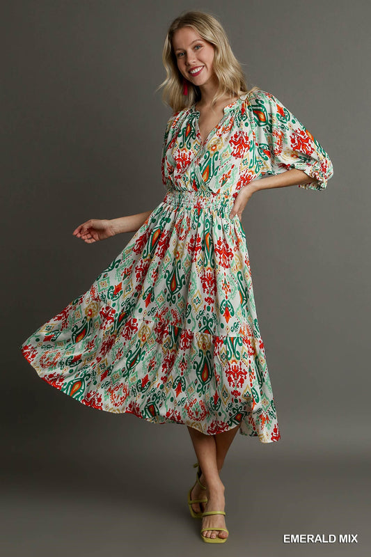 Printed 3/4 Sleeve Midi Dress