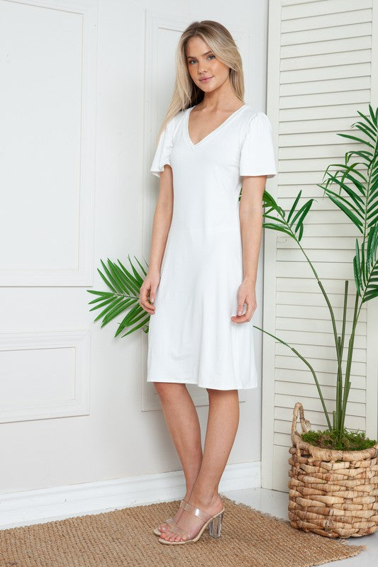 Solid Short Sleeve V Neck Dress