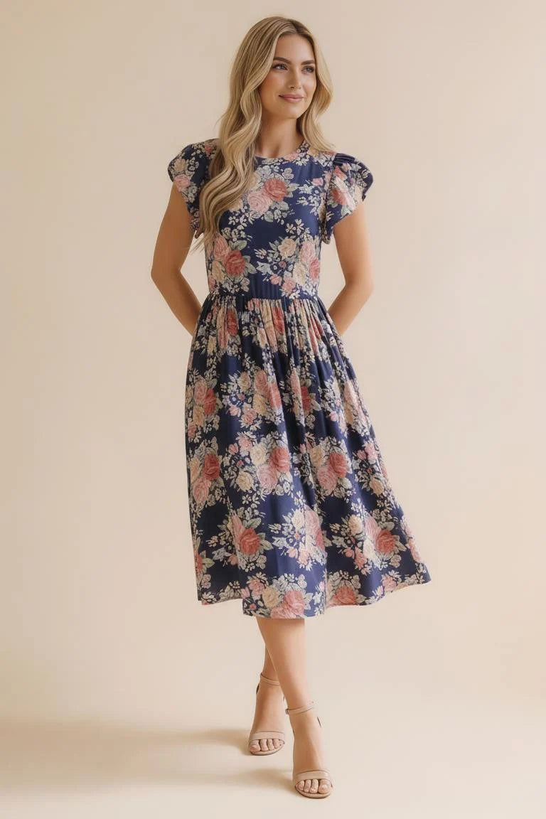 Navy Floral Midi Dress