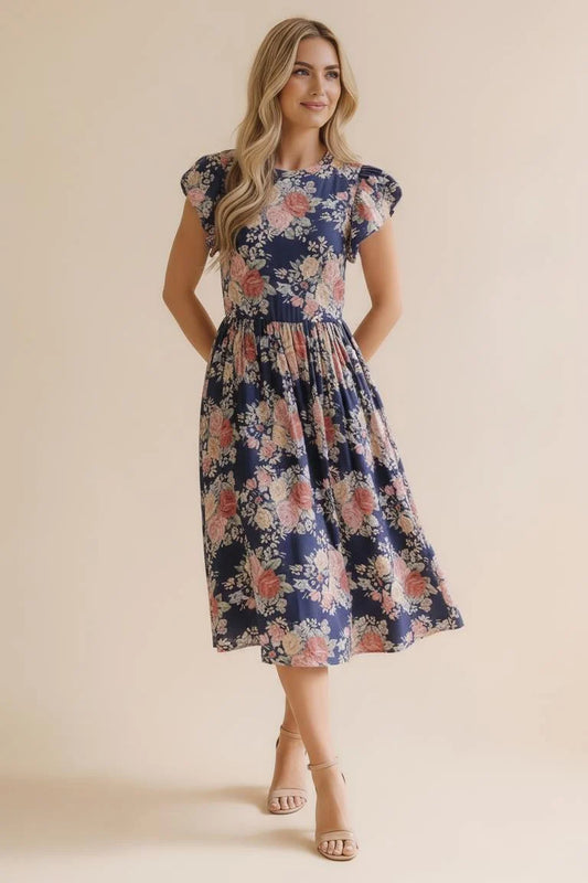 Navy Floral Midi Dress