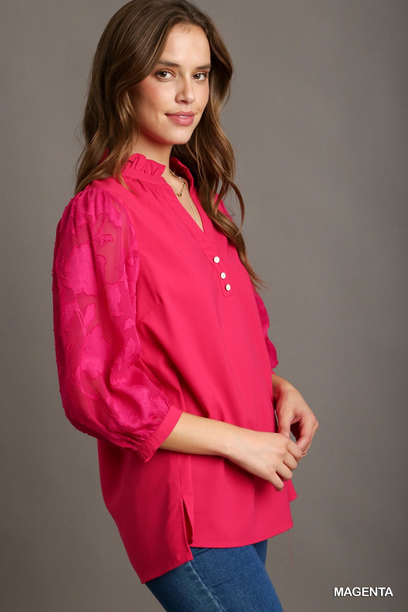 Umgee USA 3/4 Sheer Sleeve Blouse